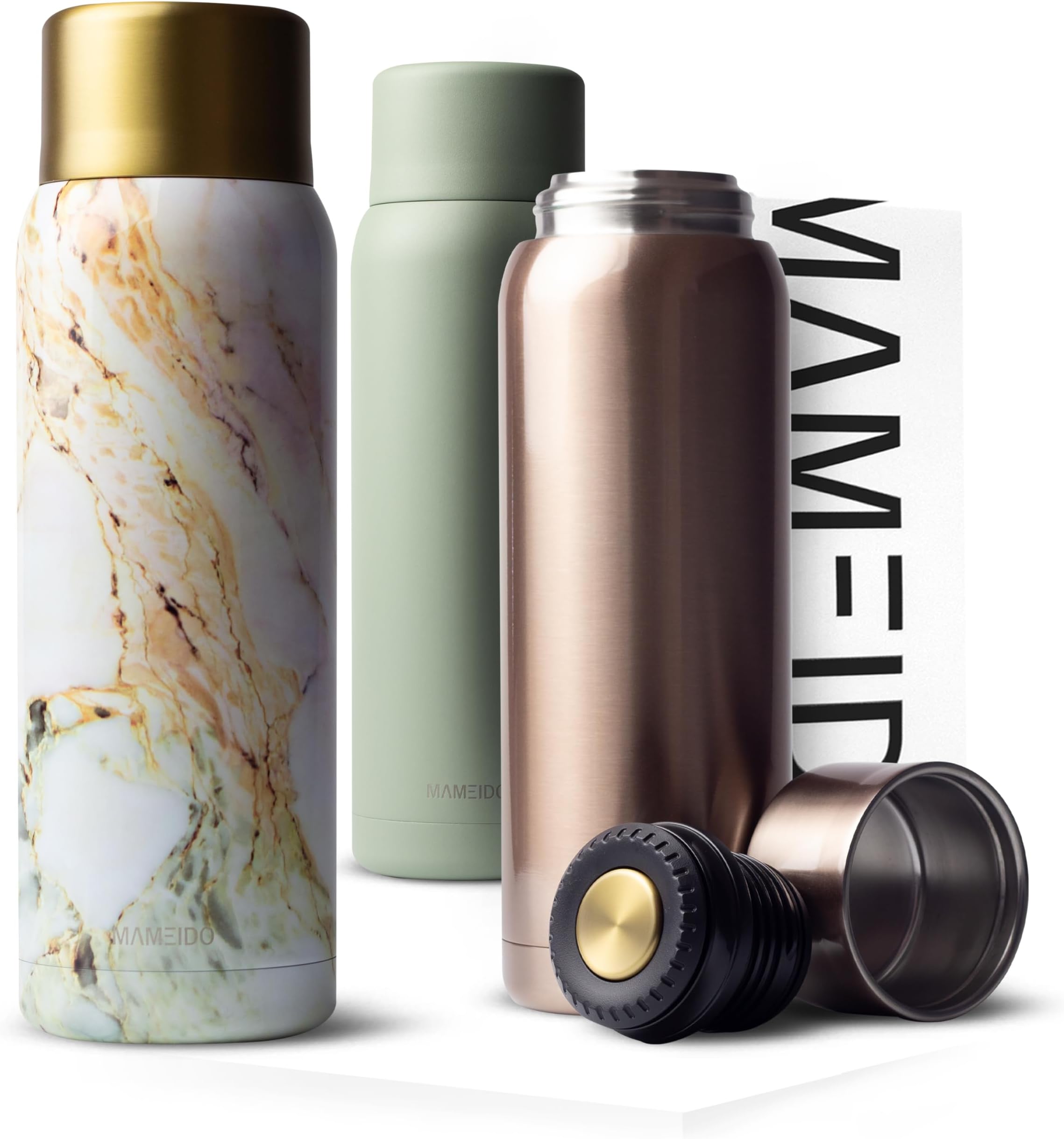 MAMEIDO Thermos Flask 1 Litre with Stainless Steel Mug, Insulated Jug Hot for up to 12 Hours, Leak-Proof Thermos Flasks, BPA-Free, Coffee & Tea on the Go (Pearl Marble Gold)