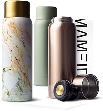 MAMEIDO 1L Stainless Steel Thermos Flask with Mug, Insulated Jug, Retains Heat for up to 12 Hours, Leak-Proof, 100% BPA-Free, for Coffee & Tea on the Go (Pearl Marble Gold, 1000 ml)