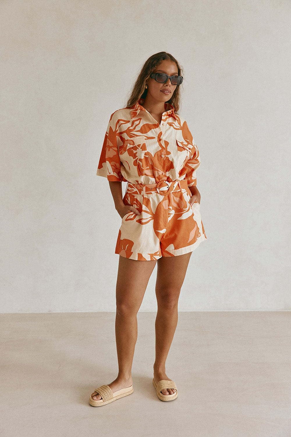 Short Rompers for Women Boho Print Short Sleeve Lapel Button Down Shorts Romper with Pockets Casual
