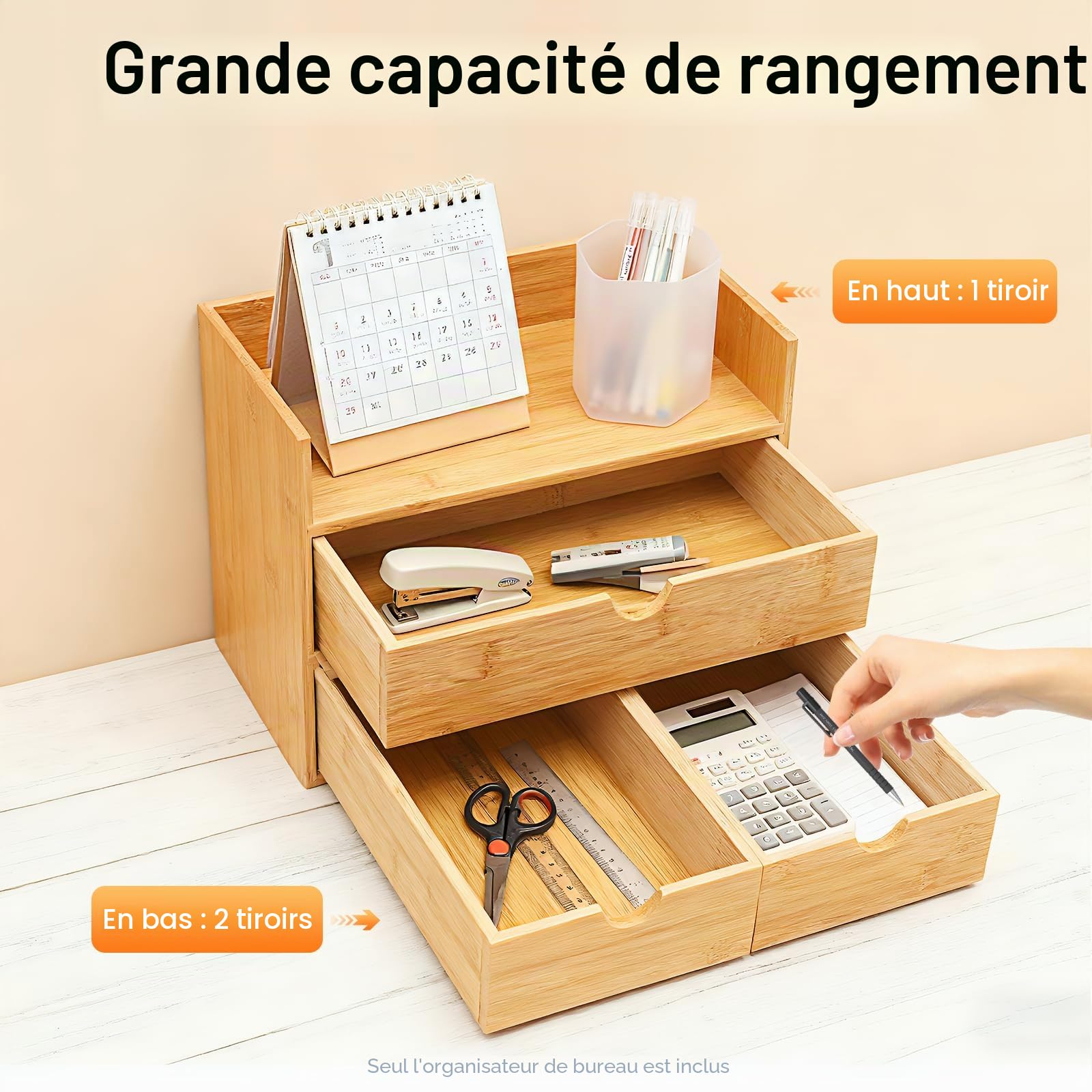 Organisateur de Bureau en Bambou avec 3 Tiroirs, Boîte de Rangement, Naturel, 30 x 19 x 20 cm
