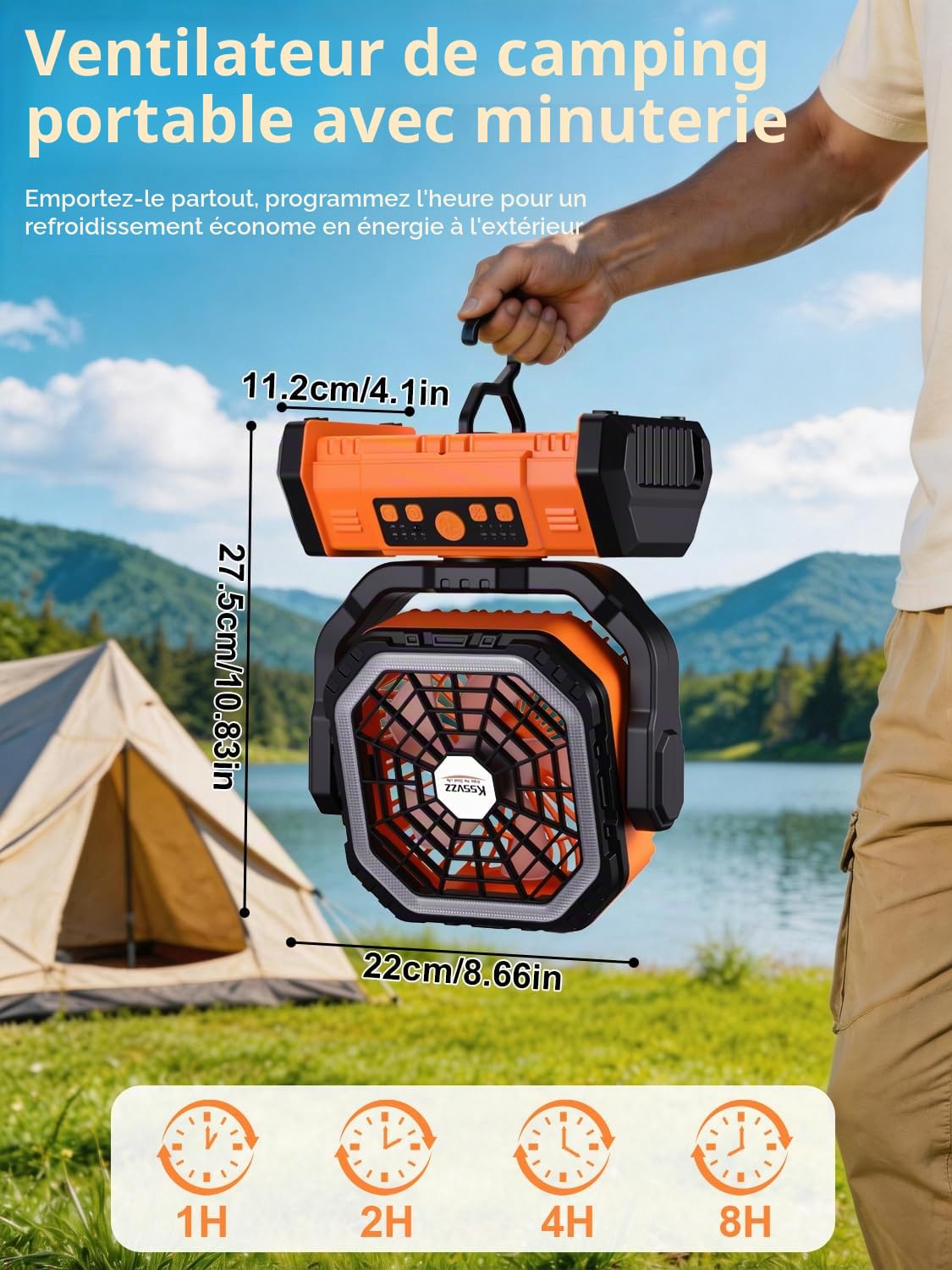 Kssvzz Ventilateur Camping 30000 mAh avec LED, Ventilateur Portable Rechargeable à 4 Vitesses avec Télécommande et Crochet, Ventilateur de Table USB avec Minuterie, Idéal pour Voyages,Barbecue, Pêche
