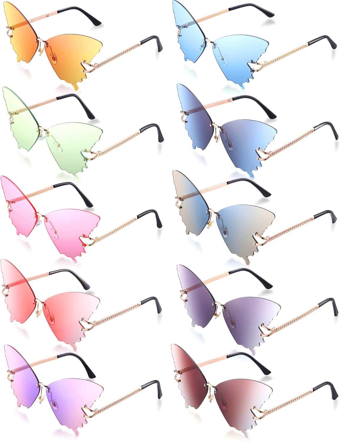 Konohan 10 Pairs Butterfly Sunglasses for Women Butterfly Rimless Sunglasses Flames Sunglasses Fun Sunglasses Vintage Metal Frame Novelty Adult Women's Sunglasses, 10 Colors