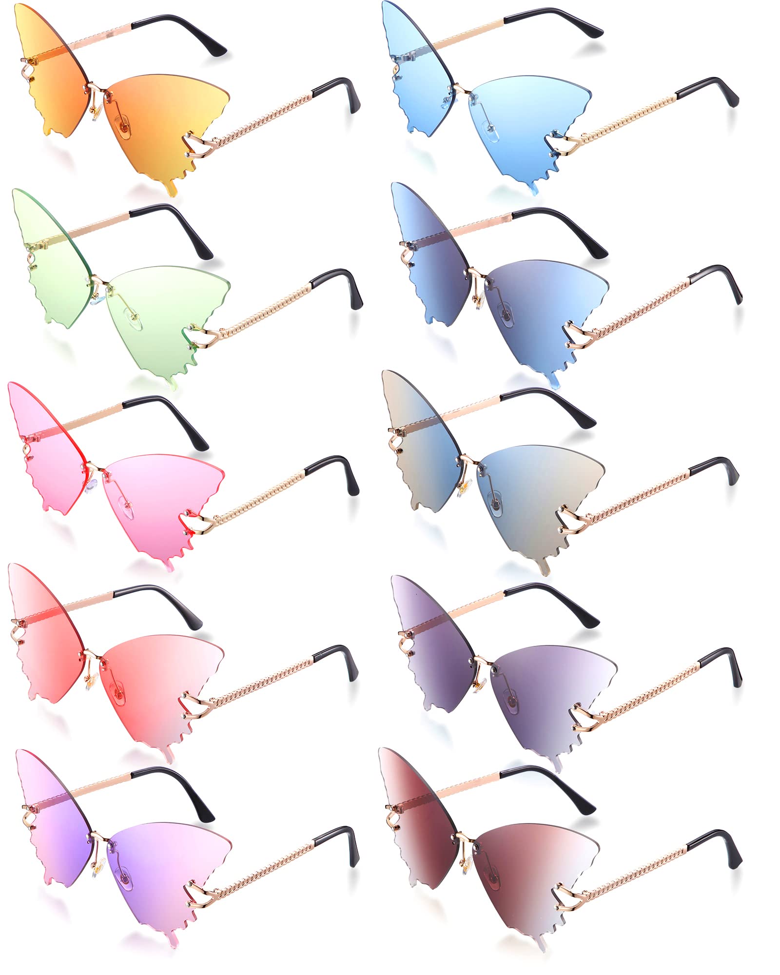 10 Pairs Butterfly Sunglasses for Women Butterfly Rimless Sunglasses Butterfly Shaped Sunglasses Flames Sunglasses Fun Sunglasses Vintage Metal Frame Novelty Adult Women's Sunglasses, 10 Colors