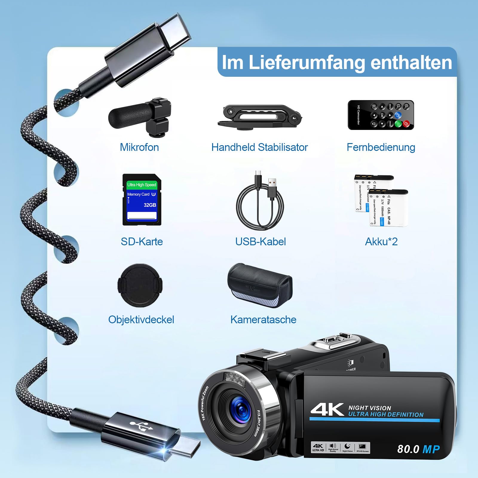 Videokamera 4K Camcorder 80MP 30FPS IR Nachtversion Vlogging Kamera 3.0-Zoll IPS Bildschirm 18X Digitalzoom für YouTube