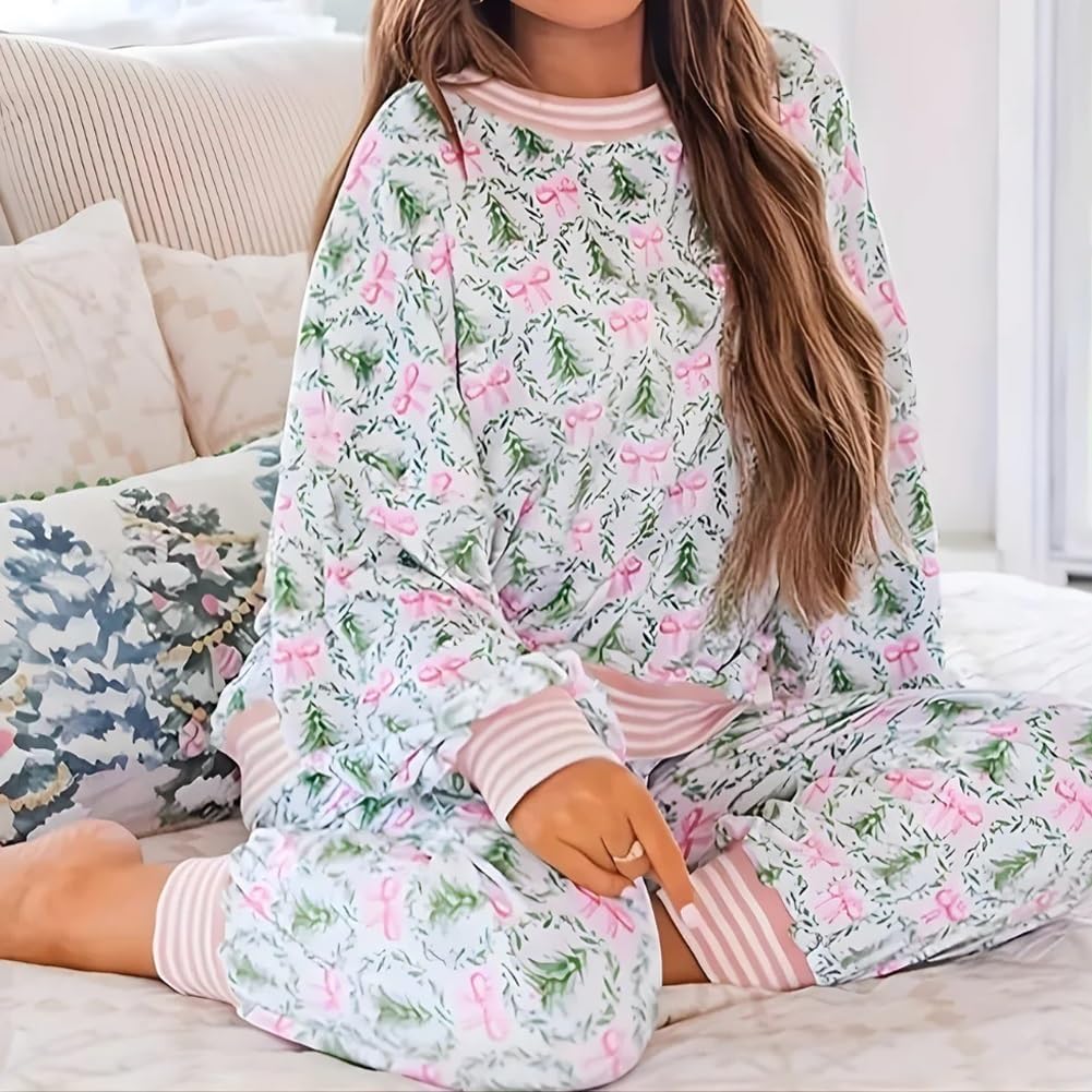 Christmas Trees and Bows Pajama Set, Women Casual Cute Christmas Pajamas Party Loungewear, Long-Sleeve and Pants 2 Piece Green - Image 7
