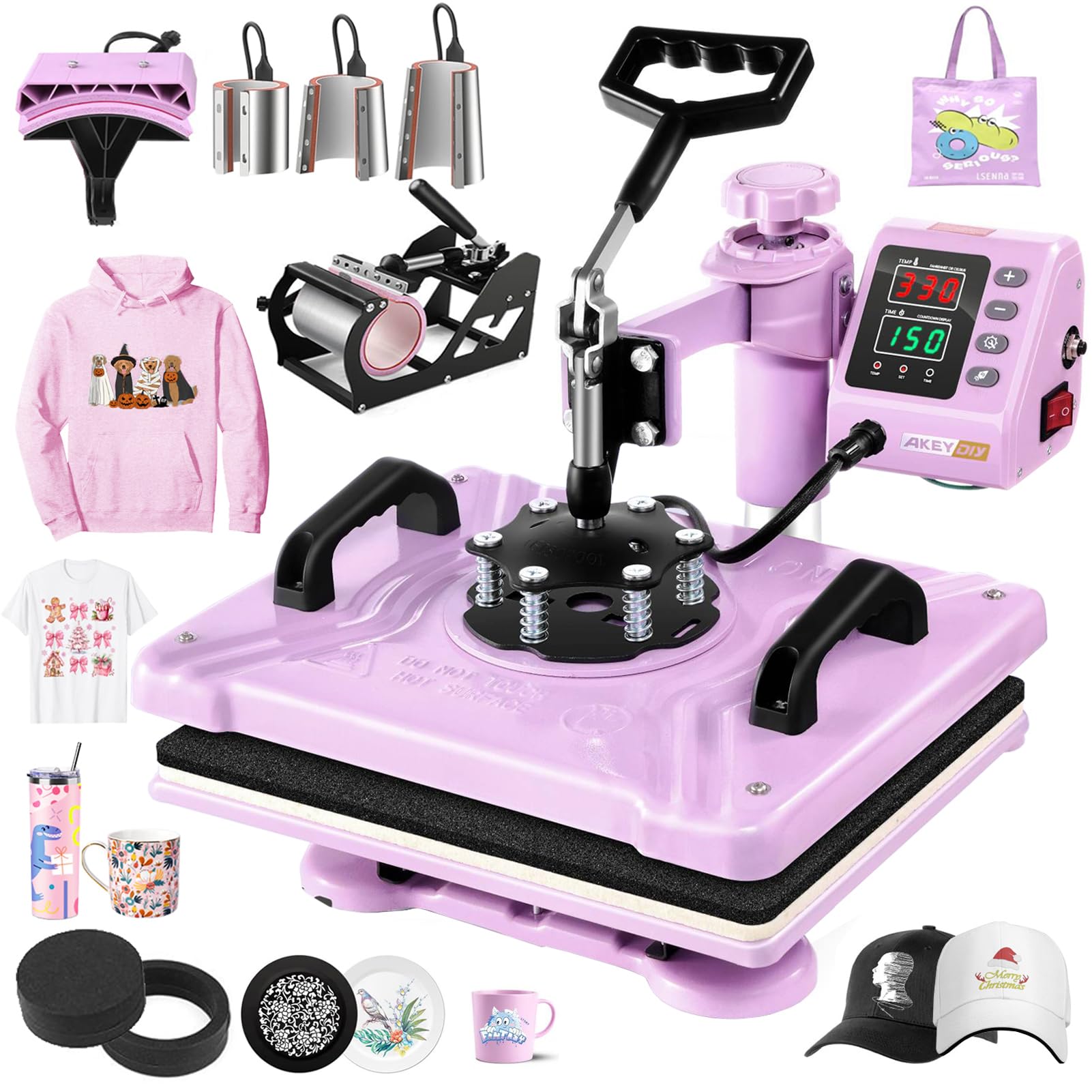 AKEYDIY 8 in 1 Heat Press Machine Professional Sublimation Machine 12" X 15"Swing Away Shirt Printing Heat Transfer Digital Industrial-Quality Heat Press Machine for T Shirts Mug Hat Plate Pink Purple