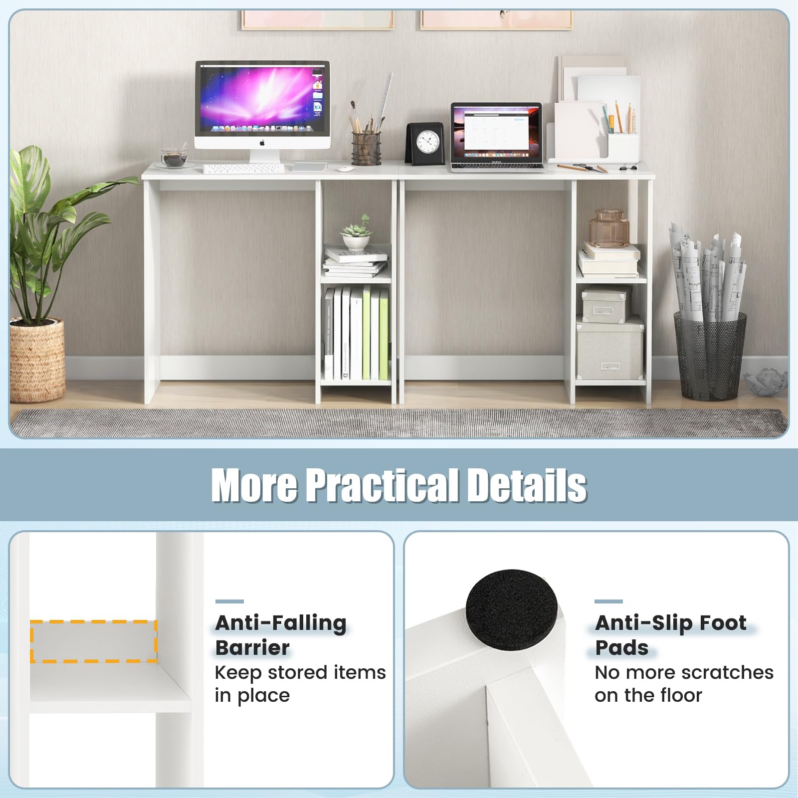 GIANTEX Scrivania da Ufficio, Scrivania con Libreria da Ufficio, Scrittoio con 2 Ripiani, Tavolo in Stile Moderno, per Ufficio, Soggiorno, Camera da Letto, Studio (Bianco)