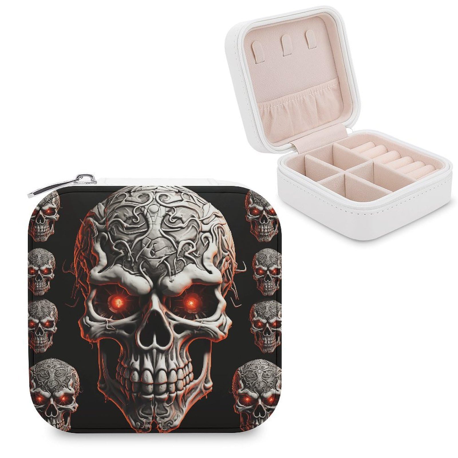 VstaDank Evil Skull Travel Jewelry Case Zipper Portable Small Jewelry Box Custom Pu Leather Mini Traveling Jewelry Organizer for Rings Earrings Necklace Bracelet Girls Women