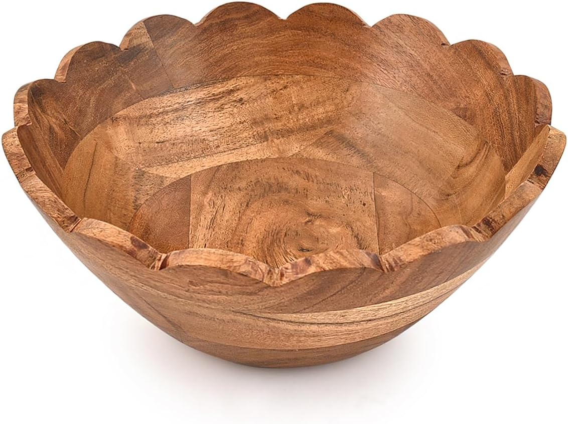 Fruit Bowl Acacia Wood Decorative Wooden Bowl for Kitchen, Dining Table & Entryway Centerpieces and Farmhouse Table Decor (9" x 9" x 4")