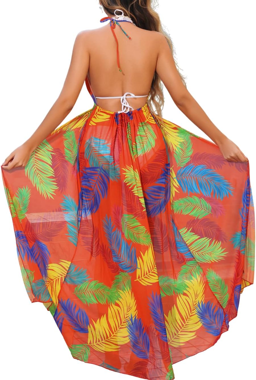 ChiaoLezhee Hawaiian Print Cover Ups, Tie Front Backless, Beach Vacation Outfits, Tropical V Neck Halter Flowy Sheer Mesh