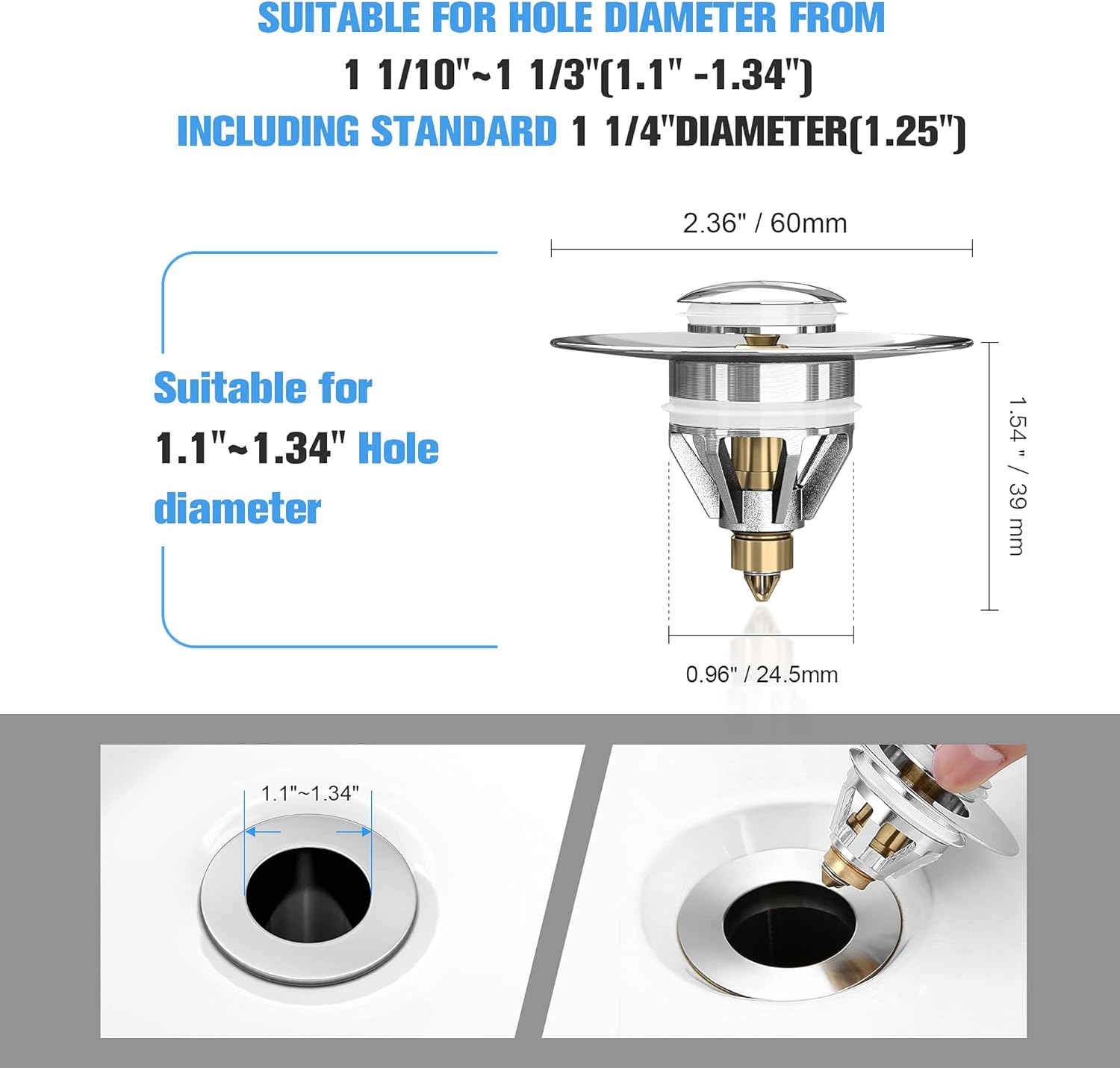 Bathroom Sink Stopper,1 1/4" Universal Sink Drain Strainer, Wiilkac Upgraded Stainless Steel Pop Up Drain Stopper with Anti-Clogging Filter Basket,for Diameter 1/10"~1 1/3" Drain Hole - - 