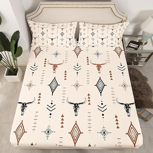 Miniatura 2 de Erosebridal Juego de sábanas bohemias tamaño Queen Azteca para hombres jóvenes, sábanas de cuernos abstractos occidentales, misterioso arte