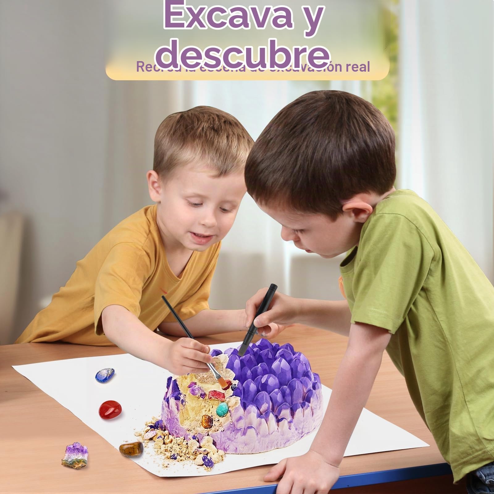 Kit de Excavación de Gemas y Minerales, Piedras y Cristales Naturales, Excava 12 Fósiles Prehistóricos Genuinos, Geoda, Regalo para Niños y Niñas 3-12 Años