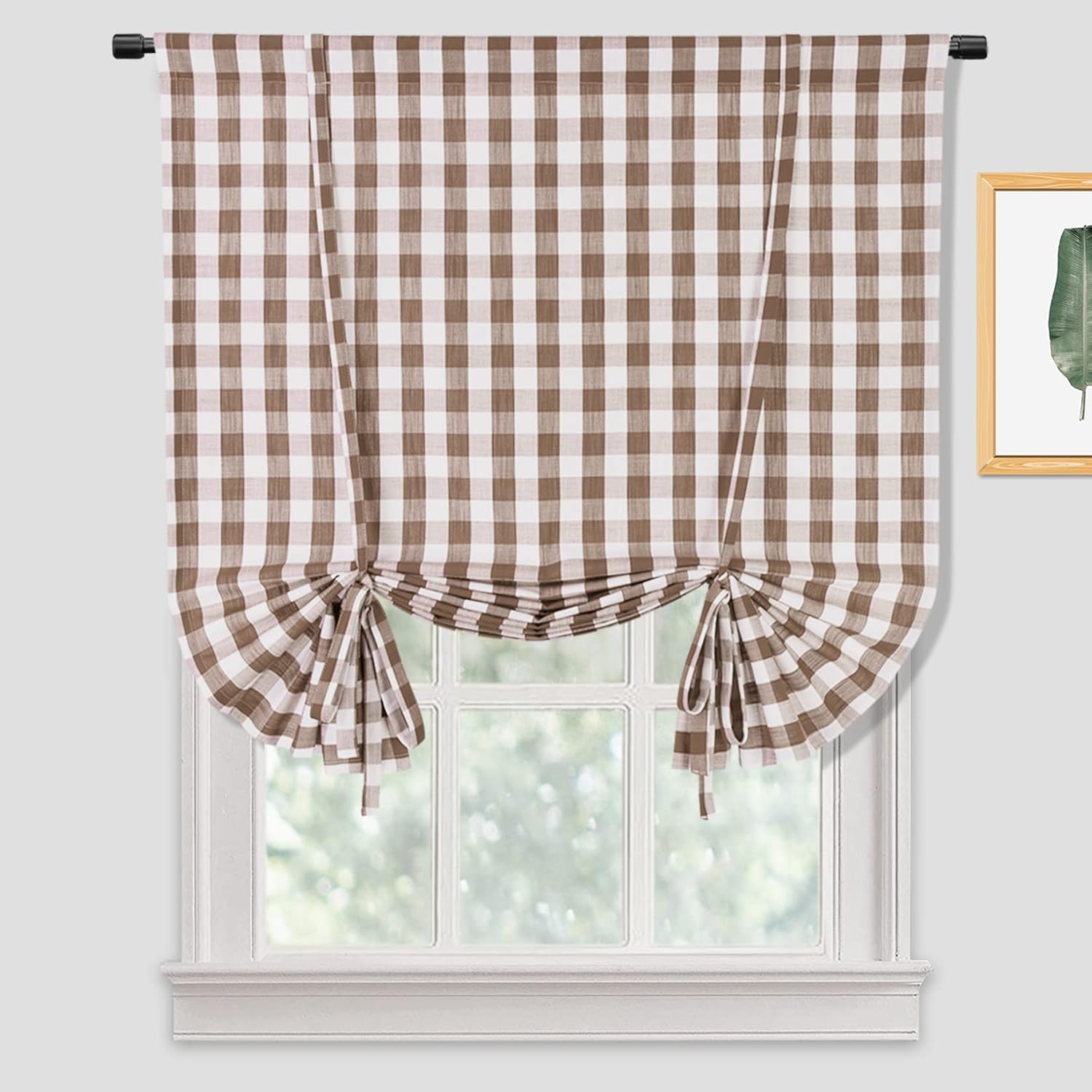 GlowSol Tie Up Window Curtains Gingham Check Curtains for Living Room Kitchen Curtains Adjustable Tie Up Shade Cafe Window Curtains Rod Pocket, 42×63 Inches, 1 Pcs