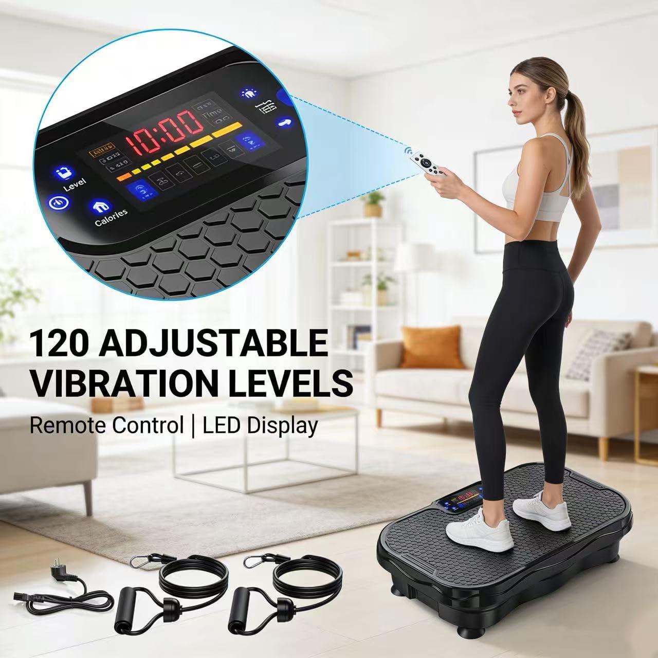 Vibratione Fitness Vibration Board, 120 Adjustable Levels, Full Body Workout Machine for Weight Loss, Fat Burning, and Muscle Toning – Bluetooth, Resistance Bands, Home Gym for Women & Men
