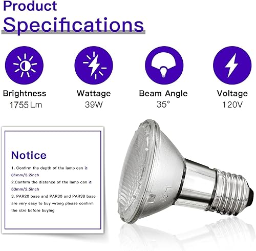Miniatura 4 de PAR20 - Bombillas de 39 W 120 V, paquete de 6 bombillas halógenas PAR20 de 39 W de 480 lúmenes de alto rendimiento, reflector atenuable PAR20 de 39