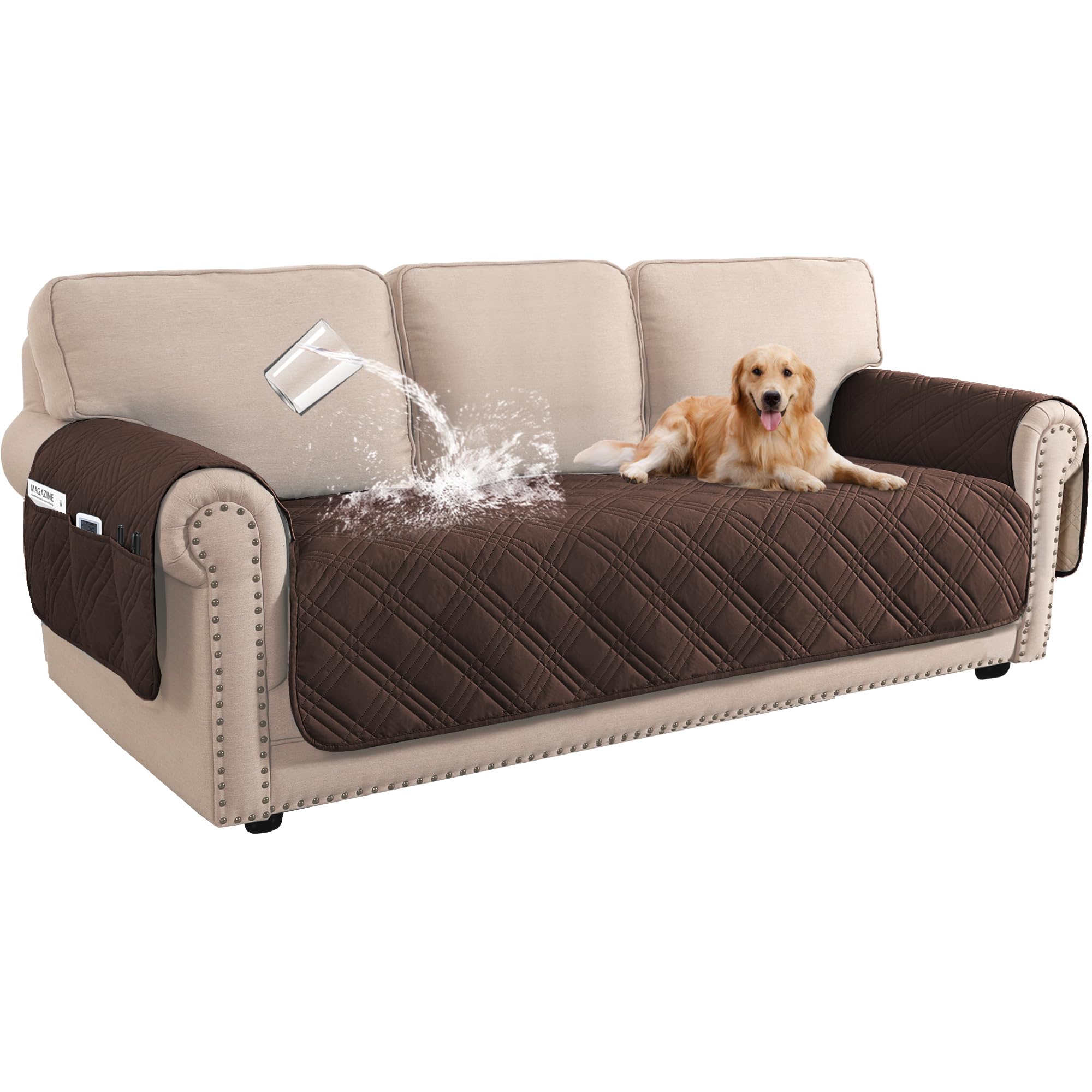 BellaHills 100% Waterproof 3 Seater Sofa Cover Slipcovers Couch Cover for Living Room Washable Seat Covers with Side Pocket Pet Couch Protector (Brown)