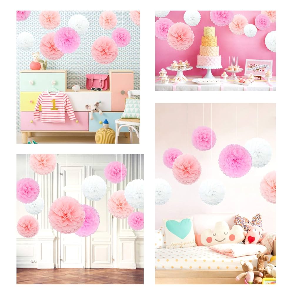 15 Pompons Papier De Soie Yumcute - Déco De Fête Rose Et Blanc Pour Mariage, Baptême
