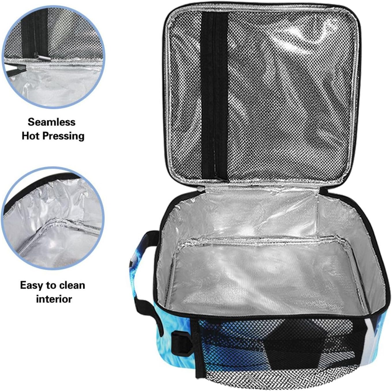 Blue Soccer Flame Football Fire Lunch Box for Girls Boys Insulated Lunch Bag with Adjustable Shoulder Strap Kids Thermal Tote Bags Cooler School Travel Picnic - Image 3
