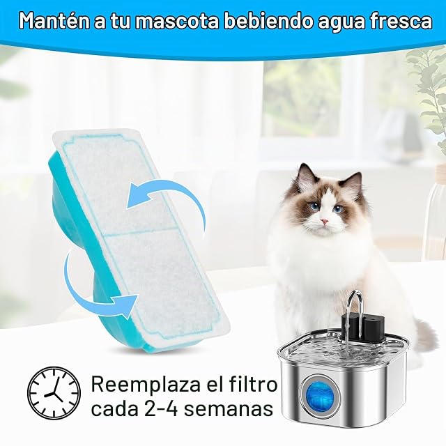 Foto 4 de 6 de NautyPaws Fuente para gatos con filtro inalámbrico: bebedero para gatos de 3,2 L, filtro de acero inoxidable