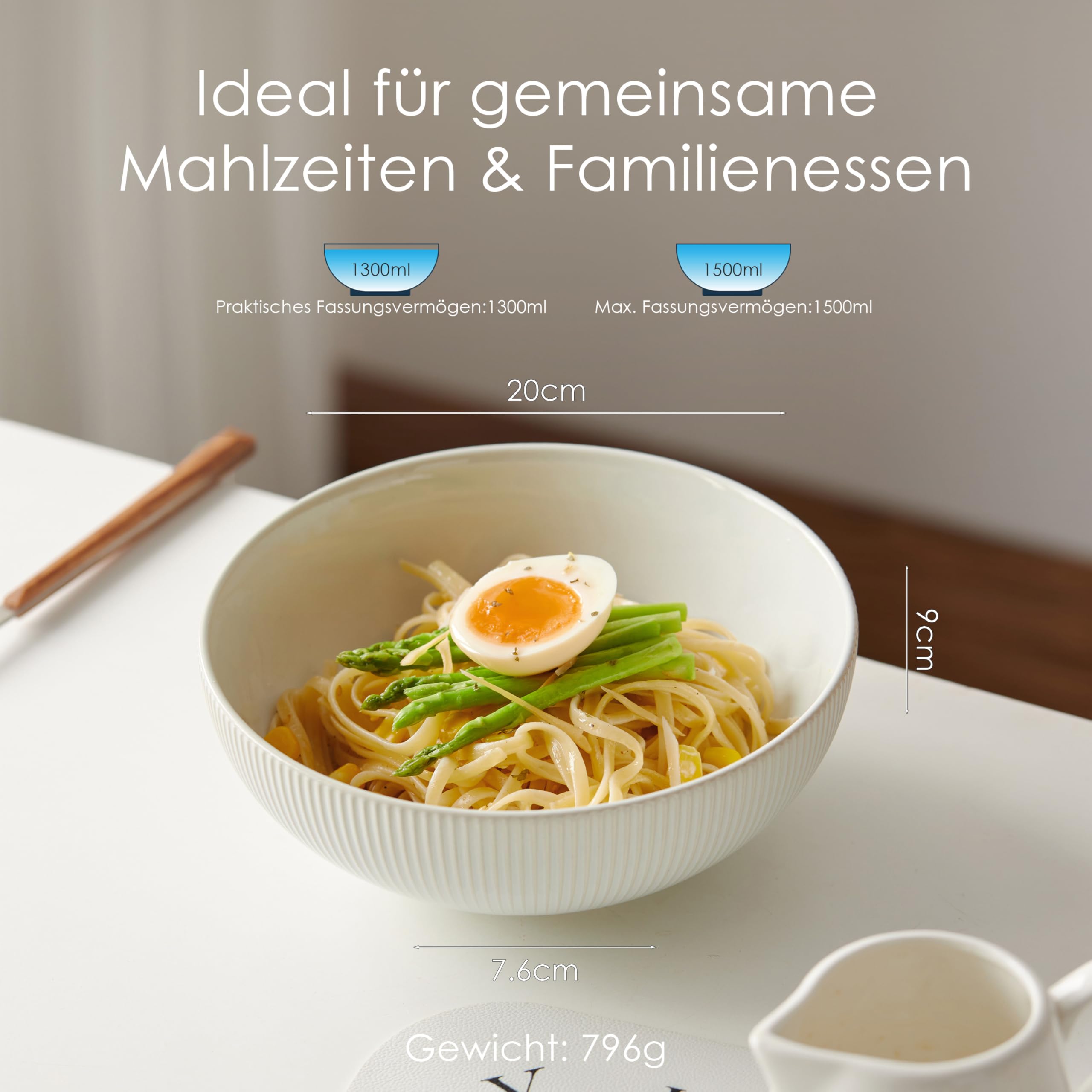 Jiwoo 6er Pasta- & Suppenschalen 1500 ml aus Bone China – stapelbar | Große Schalen für Ramen, Nudeln, Salat und Müsli, tiefes Design, platzsparend, mikrowellen- & spülmaschinengeeignet