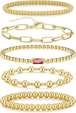 5 PCS Gold Bracelets for Women, Dainty Birthstone Bracelet 14K Gold Plated Stackable Paperclip Cuban Link Chain Bead Bracelets, Fashion Trendy Jewelry Sets Birthday Gifts