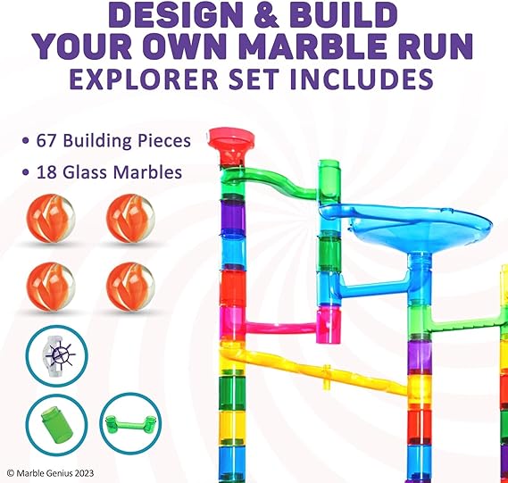 مجموعة Marble Genius Marble Run Explorer وألعاب العلوم والتكنولوجيا والهندسة والرياضيات وبناء المتاهة - 85 قطعة مسار شفافة ورخام زجاجي للعائلة والأطفال الصغار الذين تتراوح أعمارهم بين 4 و8 سنوات - هدايا إبداعية ممتعة للعطلات