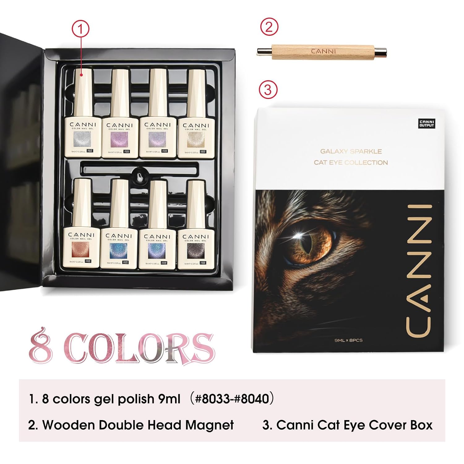 CANNI 8 Pcs 9 ML Cat Eye Gel Nail Polish Set, Jelly Pink Red Purple Blue Black Glitter Cat Eye Gel Polish Kit with Magnet Shimmer Colors Soak Off Manicure Salon DIY Gifts