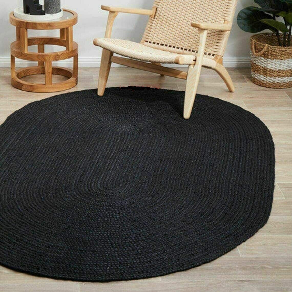 Tappeto in iuta fatto a mano, ovale, tinto nero, stile bohémien, per soggiorno e corridoio (nero, 60 x 110 cm)