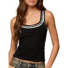 Studded Tank Top for Women Sleeveless Scoop Neck Fitted Tops Y2k Punk Grunge Silver Going Out Top