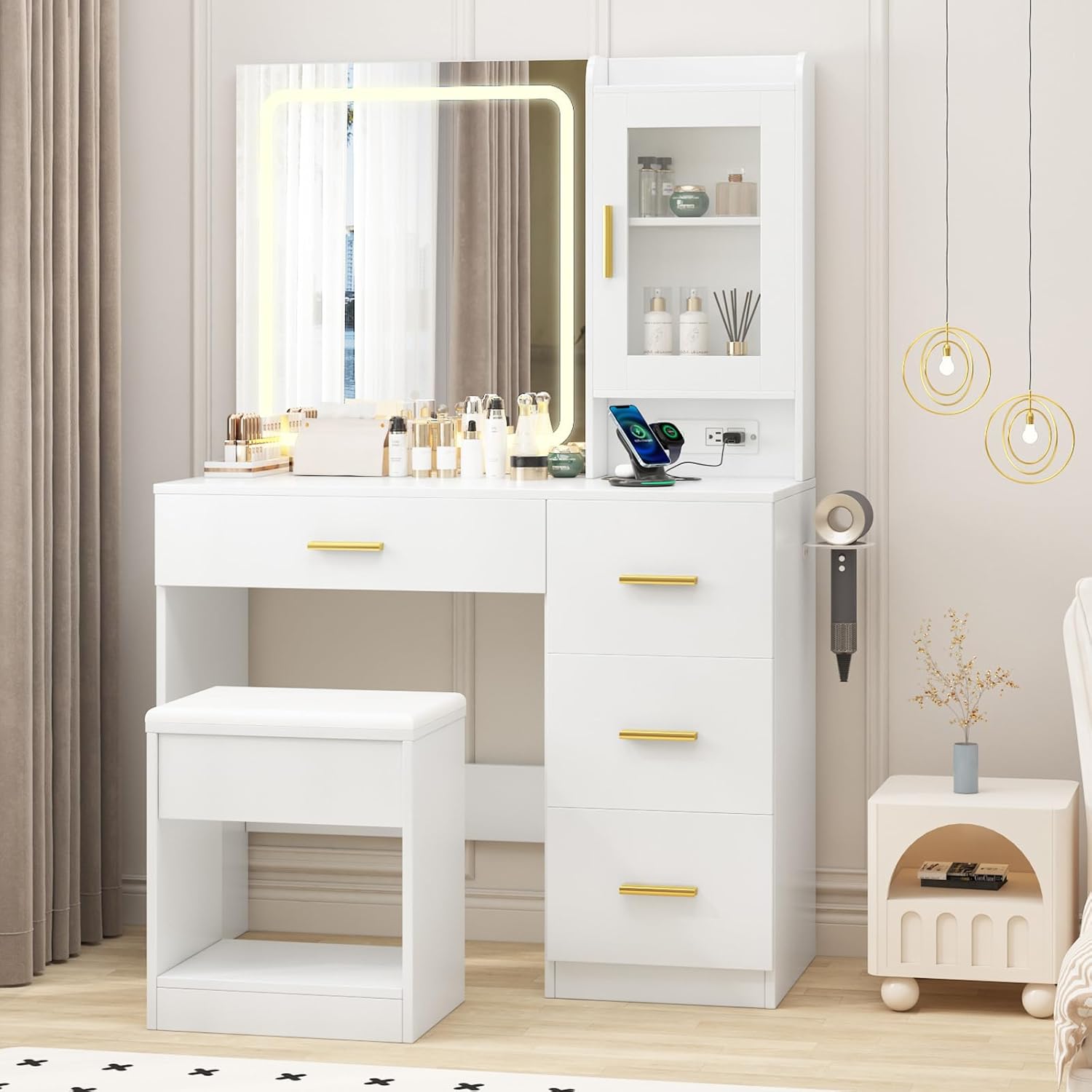 Vanity Desk with Mirror and Lights,Modern Makeup Dressing Table with Built In Outlets, Storage Stool,4 Drawers & Hair Dryer Holder,Vanities with 3 Colors LED Vanity Mirror,White 37*15.75*55.12 Inch