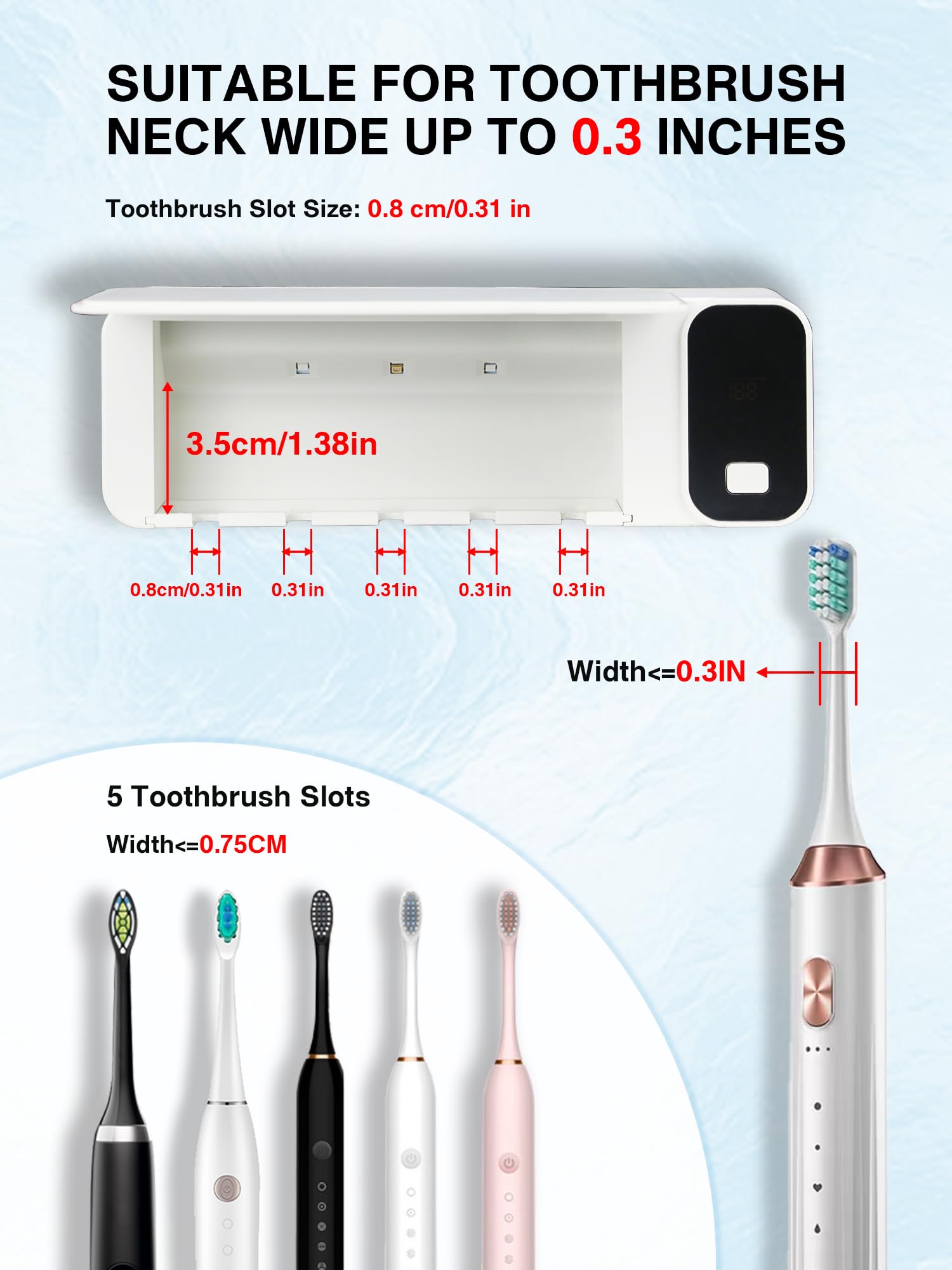 OVAS HOO Toothbrush Holders for Bathrooms White Tooth Brush Holder Electric Toothbrush Holder Timing and 5 Toothbrush Slots Removable Toothbrush Holder Wall Mounted 1200mAh