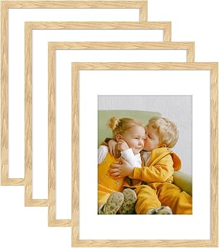 11x14 Picture Frame Set of 4, Natural Wood Photo Frame Display Pictures 8x10 with Mat or Two 5x7 with Mat & 11x14 Without Mat with Plexiglass for High Definition Wall Mounting Horizontal or Vertical