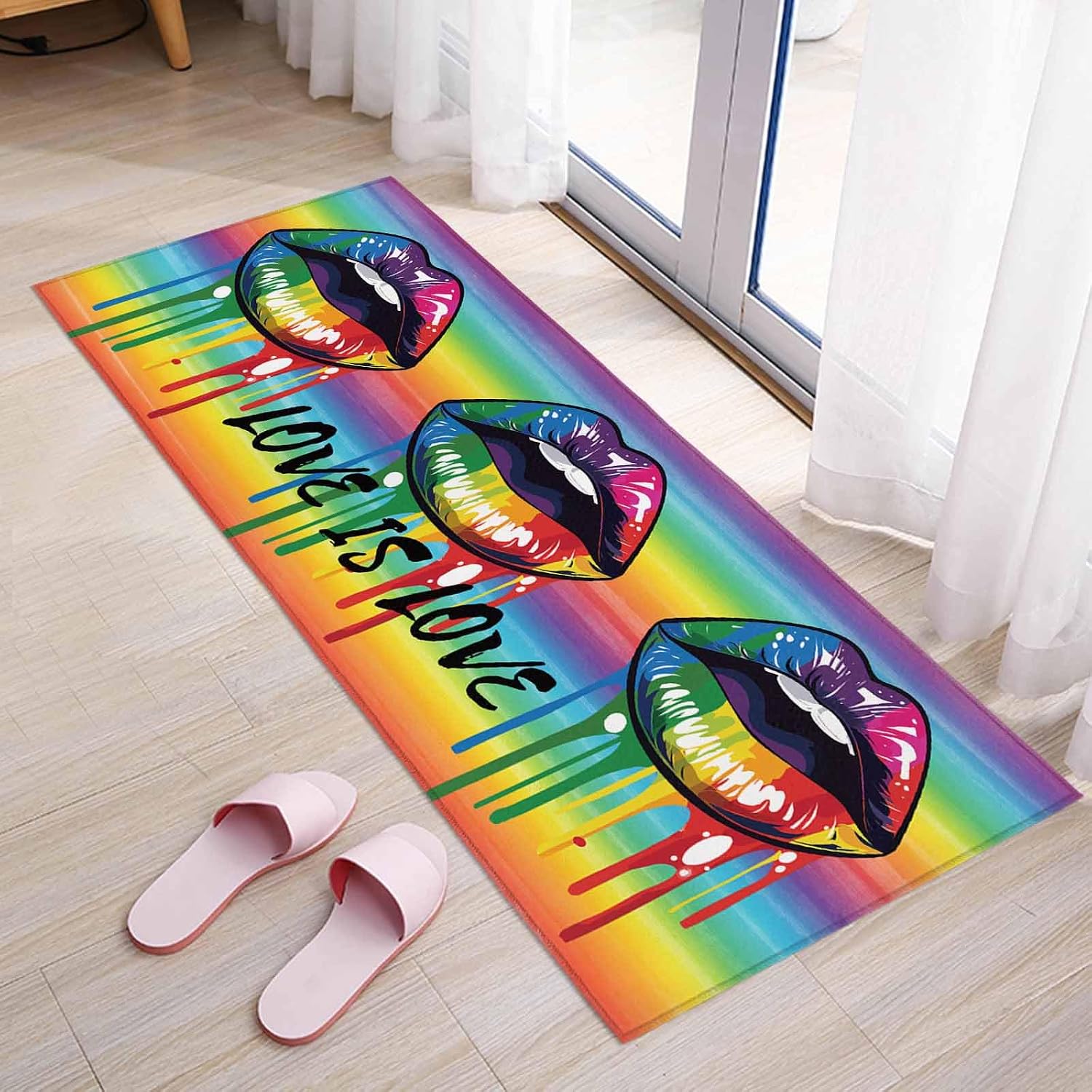 Kitchen Mats for Floor Colorful Lip Rainbow Color Ombre Washable Non Slip Kitchen Rugs 1PCS, Black Love Quote on Gradient Absorbent Standing Mats for Sink Bathroom Office Living Room 23.6x70.9in