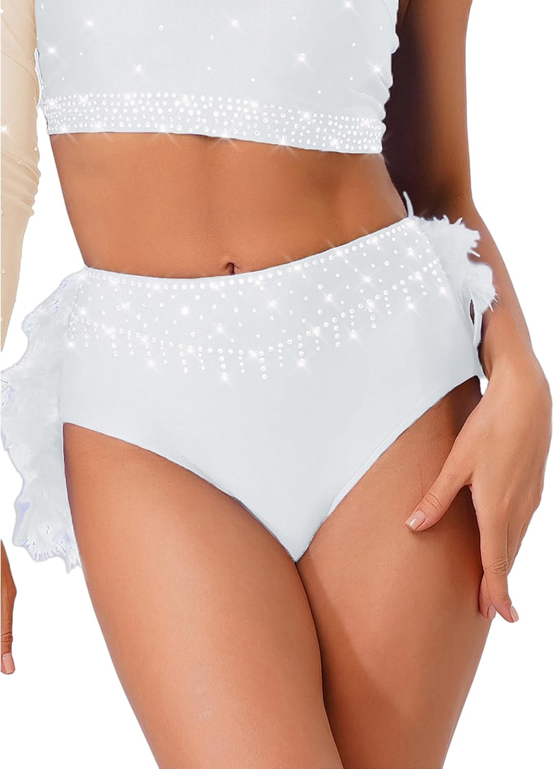 Women Dance Shorts Shiny Rhinestones Feather Briefs Figure Skating Lyrical Dance Costume
