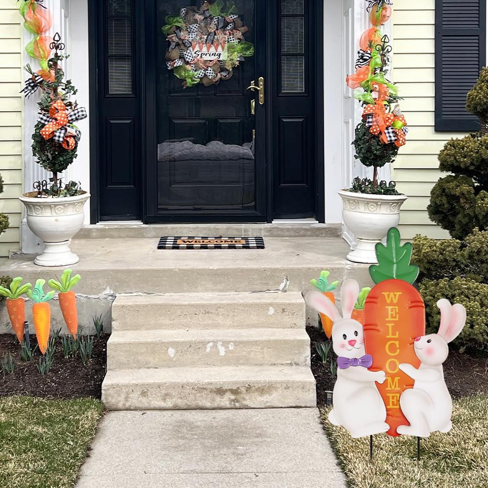 hogardeck Easter Decorations Outdoor, 26 Inch Cute Bunny Carrot Decorative Garden Stakes for Easter Decor, Welcome Metal Yard Sign for Home Spring Outside Garden Front Porch Lawn Backyard - Image 5