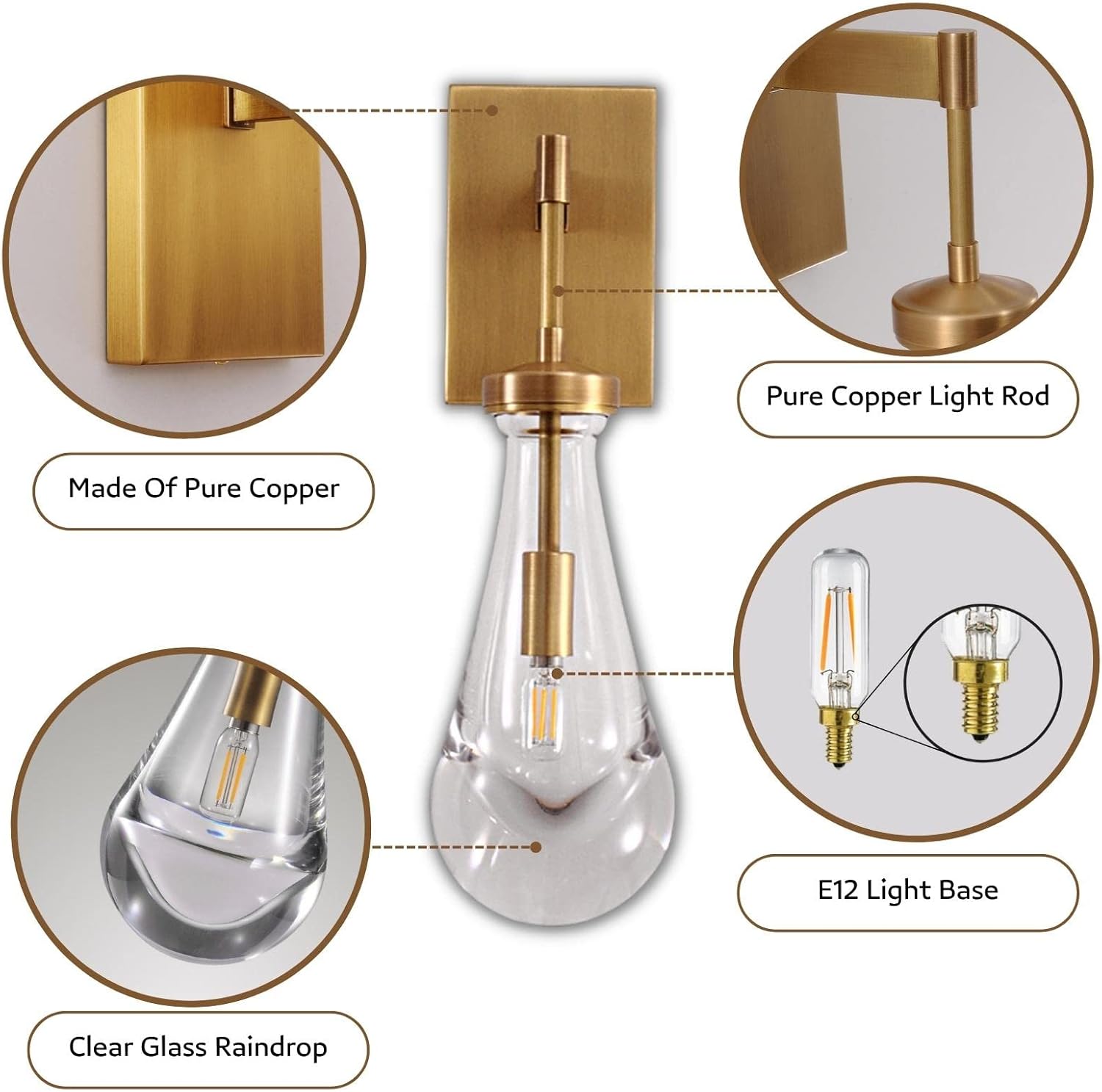 Brass Wall Sconces, Raindrop Sconces Wall Lighting, Wall Sconce Indoor for Living Room, Modern Wall Light Fixtures Bathroom Light Fixtures Wall Lamp for Hallway, Bedroom