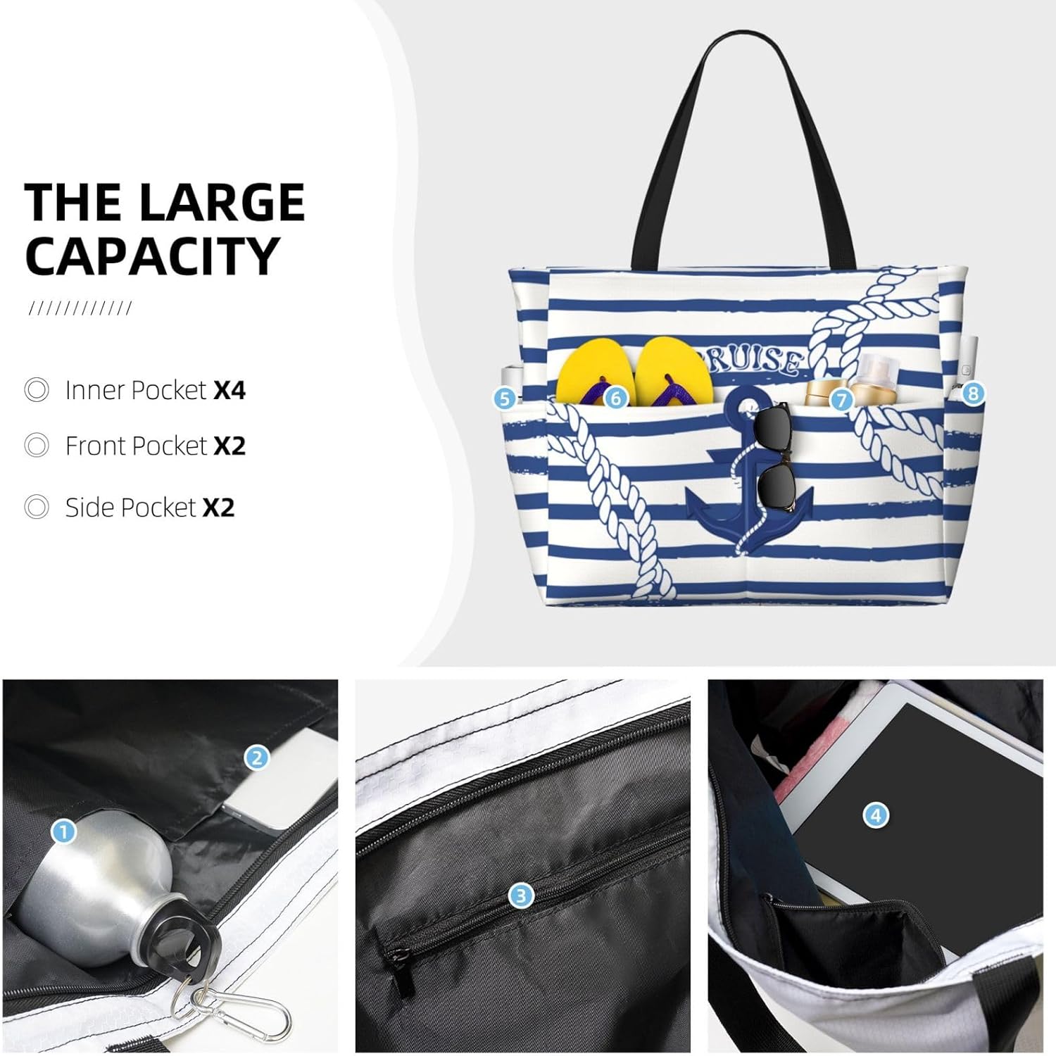 Beach Bag for Women Beach Tote Bag Waterproof Sandproof Large Bags with Zipper Big Capacity for Vacation Travel - Image 5