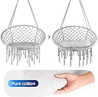 Vista 5 de Silla hamaca colgante, columpio de cuerda de algodón de macramé hecho a mano con cojín de asiento y juntas tóricas de acero, ideal para decoración