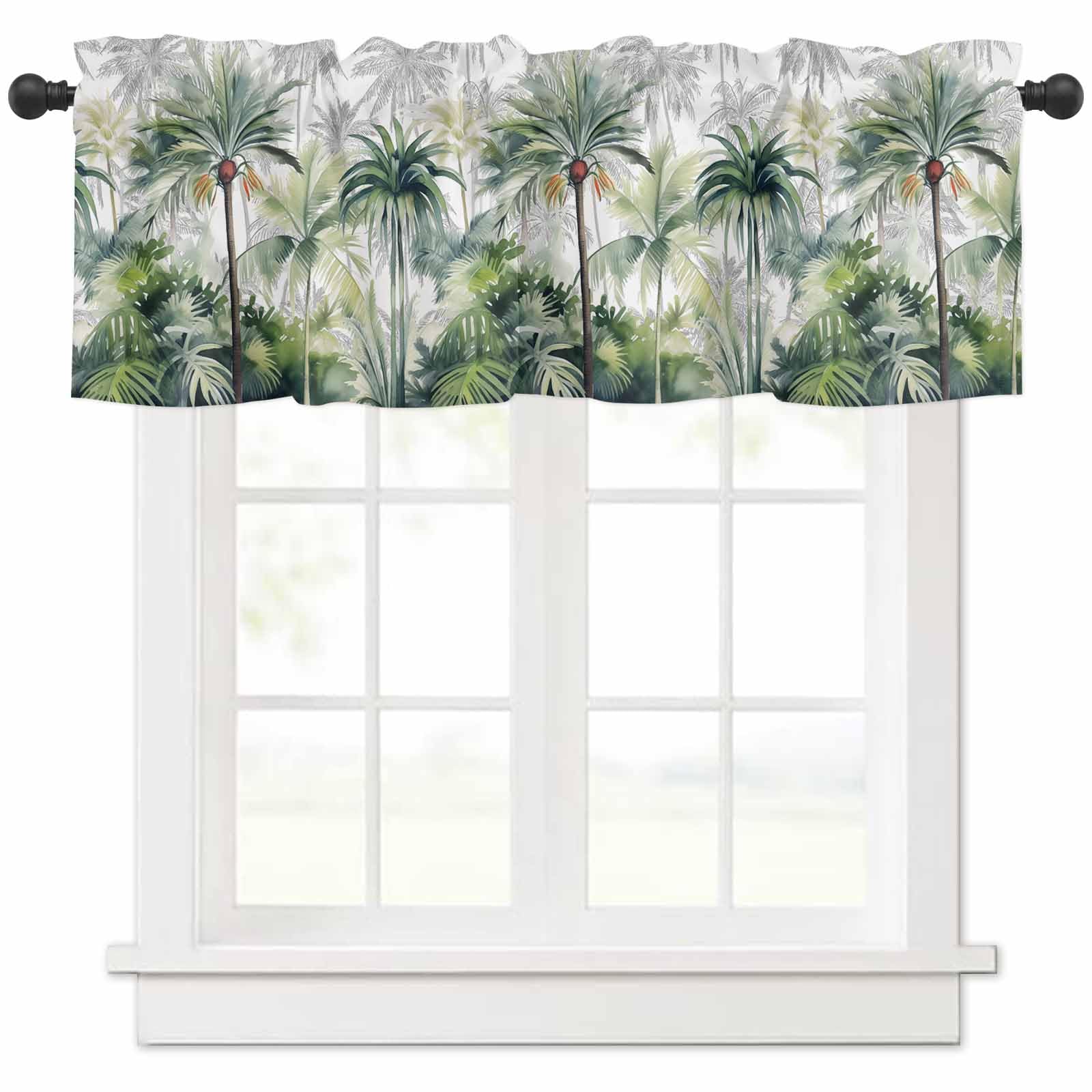 Lsrtoss Summer Tropical Leaves Farmhouse Short Window Curtain Valances, Green Botanical Palm Trees Rod Pocket Kitchen Valances for Living Room Bedroom