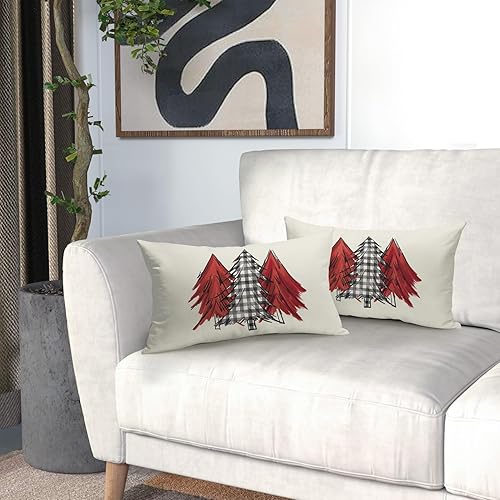 Miniatura 6 de Juego de 2 fundas de almohada lumbar con diseño de acuarela para árbol de Navidad, 12 x 20 pulgadas, color rojo, negro y blanco, a cuadros,