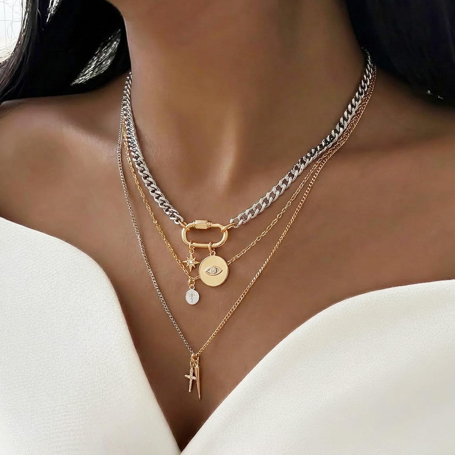 Layered Necklaces for Women Chunky Gold Necklace Gold and Silver Necklace Chunky Cuban Paperclip Chain Necklaces Boho Punk Statement Charm Jewelry Gift image 4