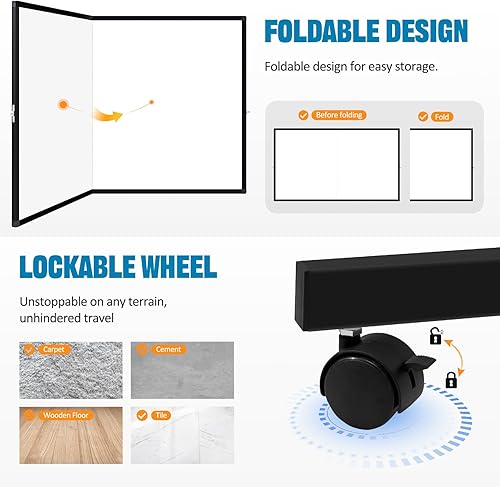 Miniatura 4 de Pizarra blanca móvil de doble cara de 72 x 40 pulgadas con soporte, pizarra blanca grande de borrado en seco sobre ruedas para oficina, aula y hogar