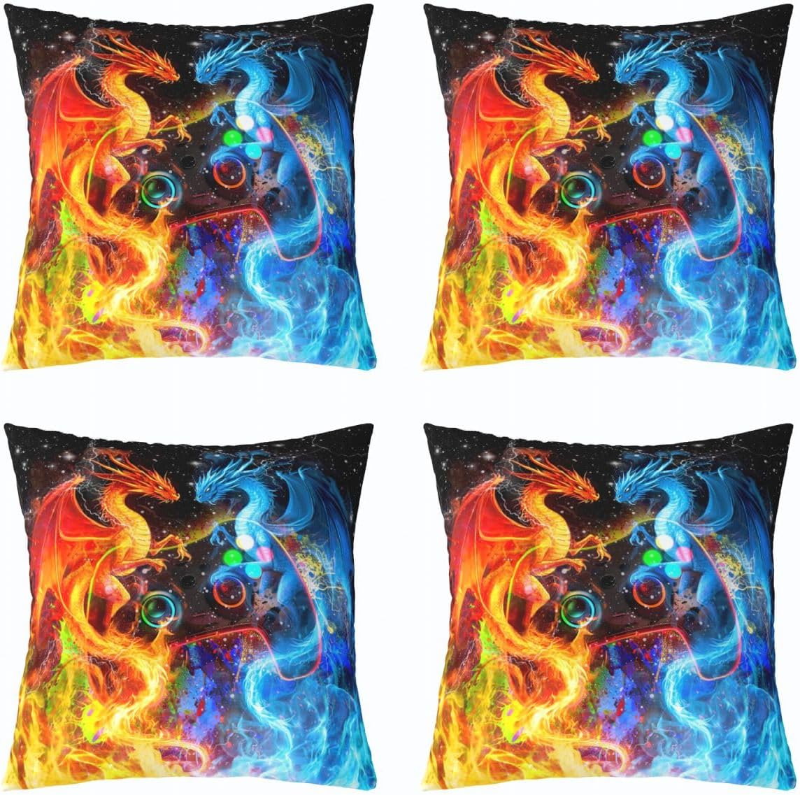 Feelyou Gamer Square Cushion Covers Set of 2, Dragon Gaming Throw Pillow Covers Ice Fire Dragon Pillow Covers for Kids Boys Girls Gamepad Cushion Covers for Couch Sofa 16 x 16-Inch image 3