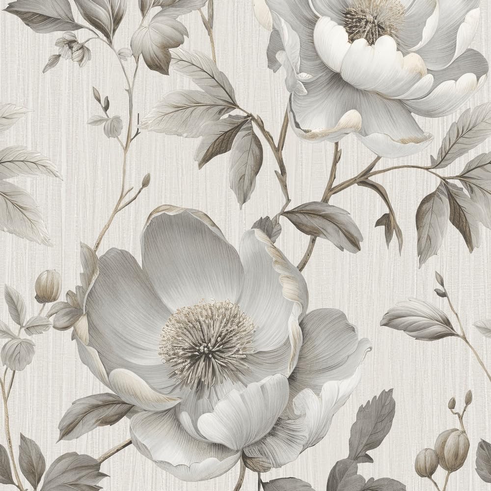 Muriva Alethia Floral Wallpaper Roll - Grey - Botanical Blooms Design