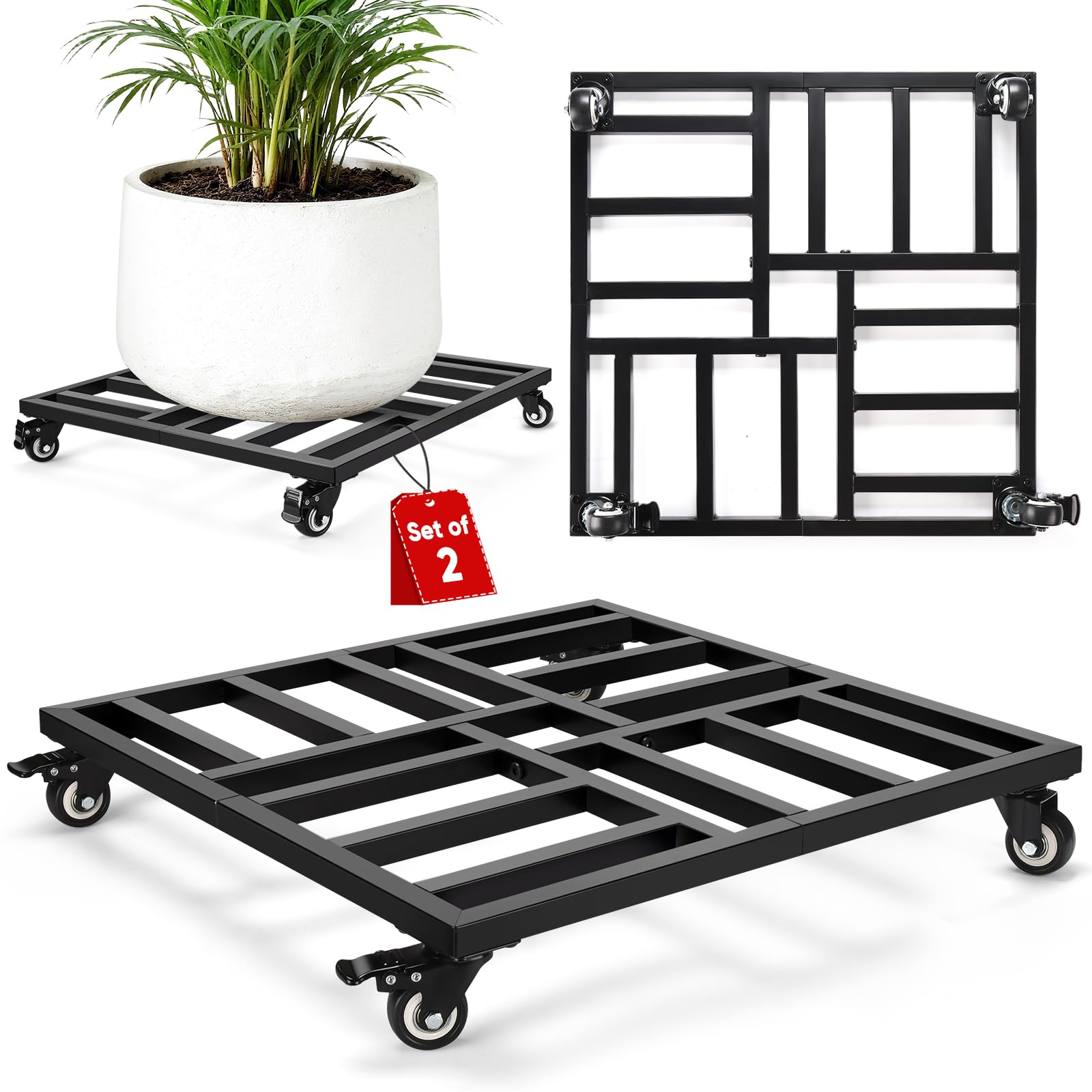 22" Plant Caddy with Wheels, Heavy Duty Metal Rolling Plant Stand, 600 lbs Square Plant Dolly with Lockable Industrial Caster Wheels for Large Planter Pots, Heavy Objects Wheeled Mobile Roller, 2 Pack