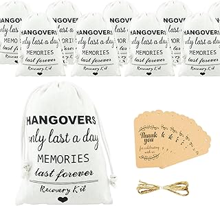 happylain Hangover Kit Bags 10 PCS 5"x 7" with 10 PCS Tags - Bachelorette Party Favor Bags with Drawstring Muslin Wedding Recovery Survival Kit Bags