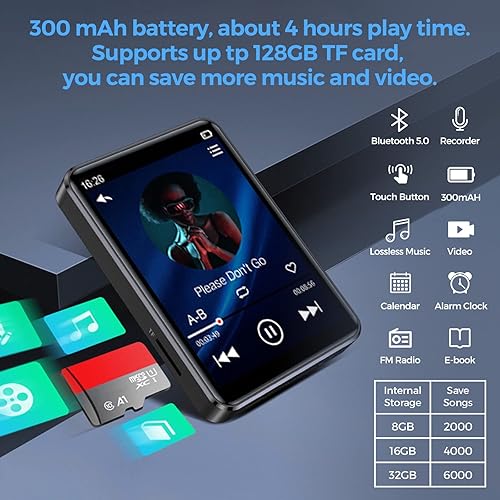 Miniatura 7 de Reproductor de MP3, exquisito mini diseño, pantalla de espejo táctil completa, sonido sin pérdidas, radio FM, tarjeta TF compatible, Bluetooth, para