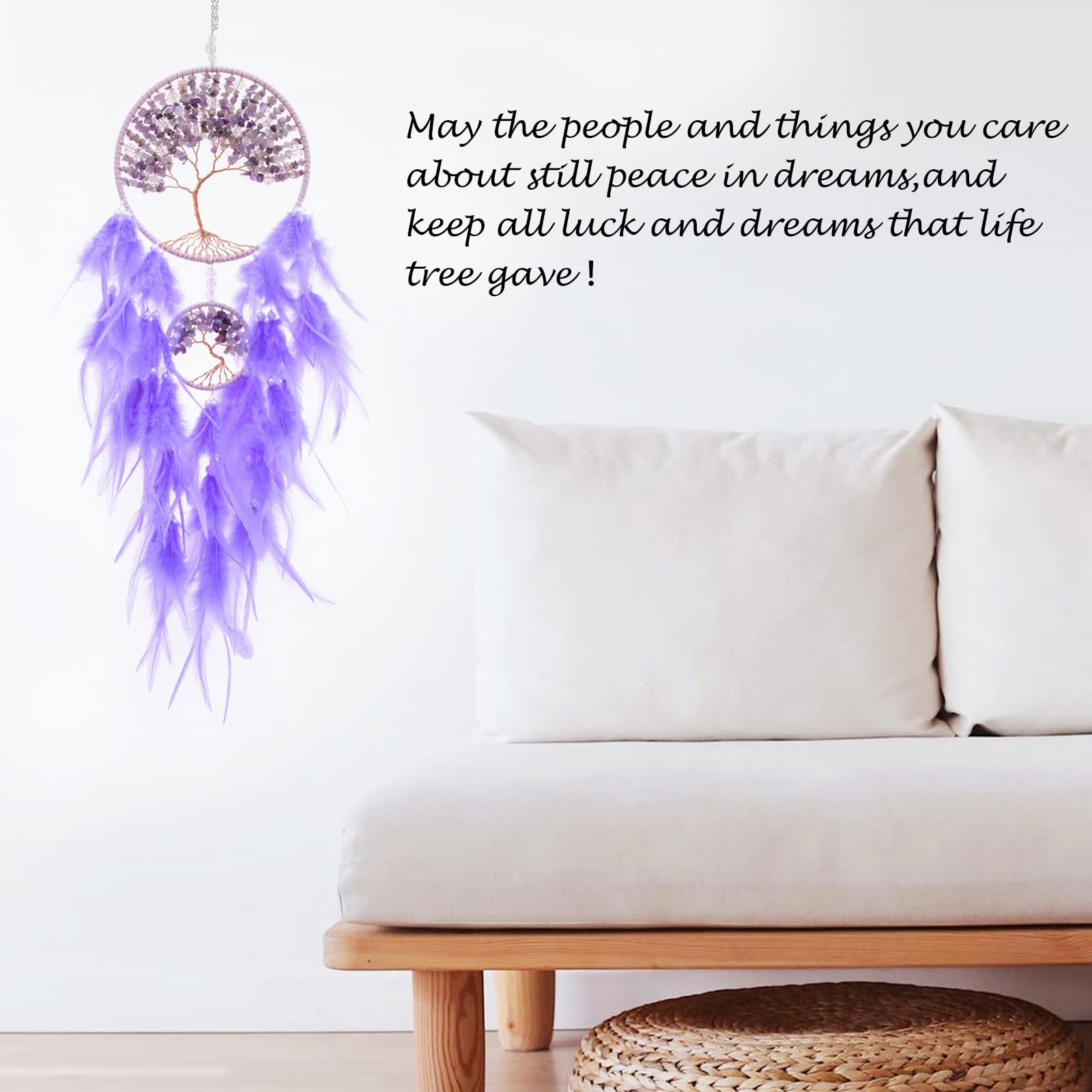 RAGKUU Attrape-rêves en forme d'arbre de vie violet avec pendentif en cristal d'agate naturelle - Décoration murale faite à la main pour chambre à coucher, salon, décoration d'intérieur