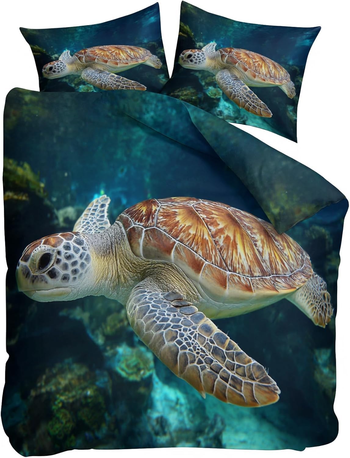 Housse de couette 160x200 tortue marine avec 2 taies d'oreiller